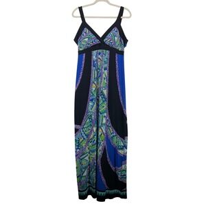 AB Studio Size L Maxi Dress Blue Green Geometric Print V-Neck Empire Waist Y2K